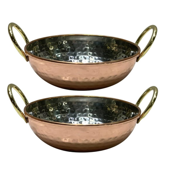 Set of 2 Indian Authentic Hammered Copper Serve ware Kadai Vegetable Dinner Bowl with Solid Brass Handle for Indian Food Serving Bowls for Cereal, Soup, Cooked Food Party Serve ware, Serving Dishes