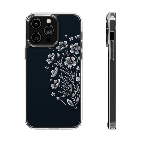 DistinctInk Hybrid (Acrylic / TPU) Clear Slim Fit Case for Apple iPhone 15 Pro (6.1" Screen) - Title: "Elegant Blooms: Minimalistic Spring Flower Illustration"