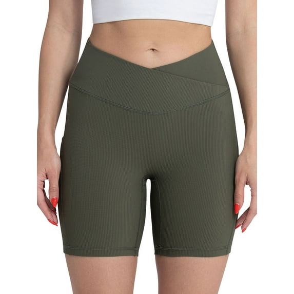 WLJ Women Cross-Over Butt Lift Ribbed Tummy Control High Waist Yoga Shorts