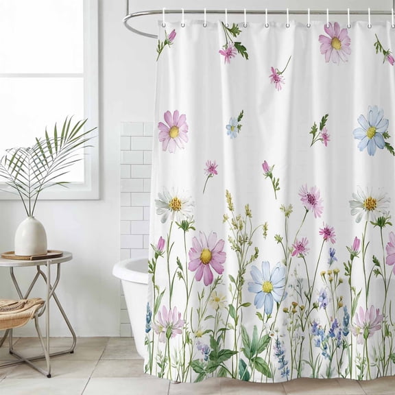 Botanical Extra Long Shower Curtain Set, Waterproof Shower Curtains for Bathroom, Blue Pink Daisy Floral Watercolor White Washable Fabric Cloth Bath Curtain for Bathtub with Hooks 72x96 Inches