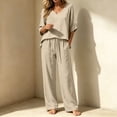 thumbnail image 7 of Floleo Women Solid V-Neck 3/4 Sleeve High-Low Faux Linen Top Drawstring Waist Wide Leg Pants 2 Piece Loungewear Set, 7 of 7