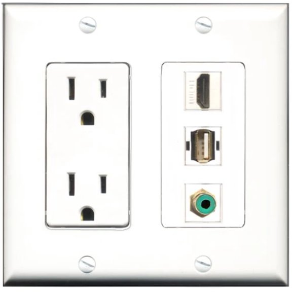 RiteAV - 15 Amp Power Outlet 1 Port HDMI 1 Port RCA Green 1 Port USB A-A Decorative Wall Plate