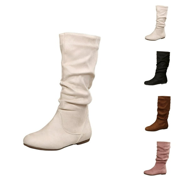 Women's Pleated Suede Knee Boots, Solid Color Flat Mid Calf Boots, British Style Fashionable Winter Footwear