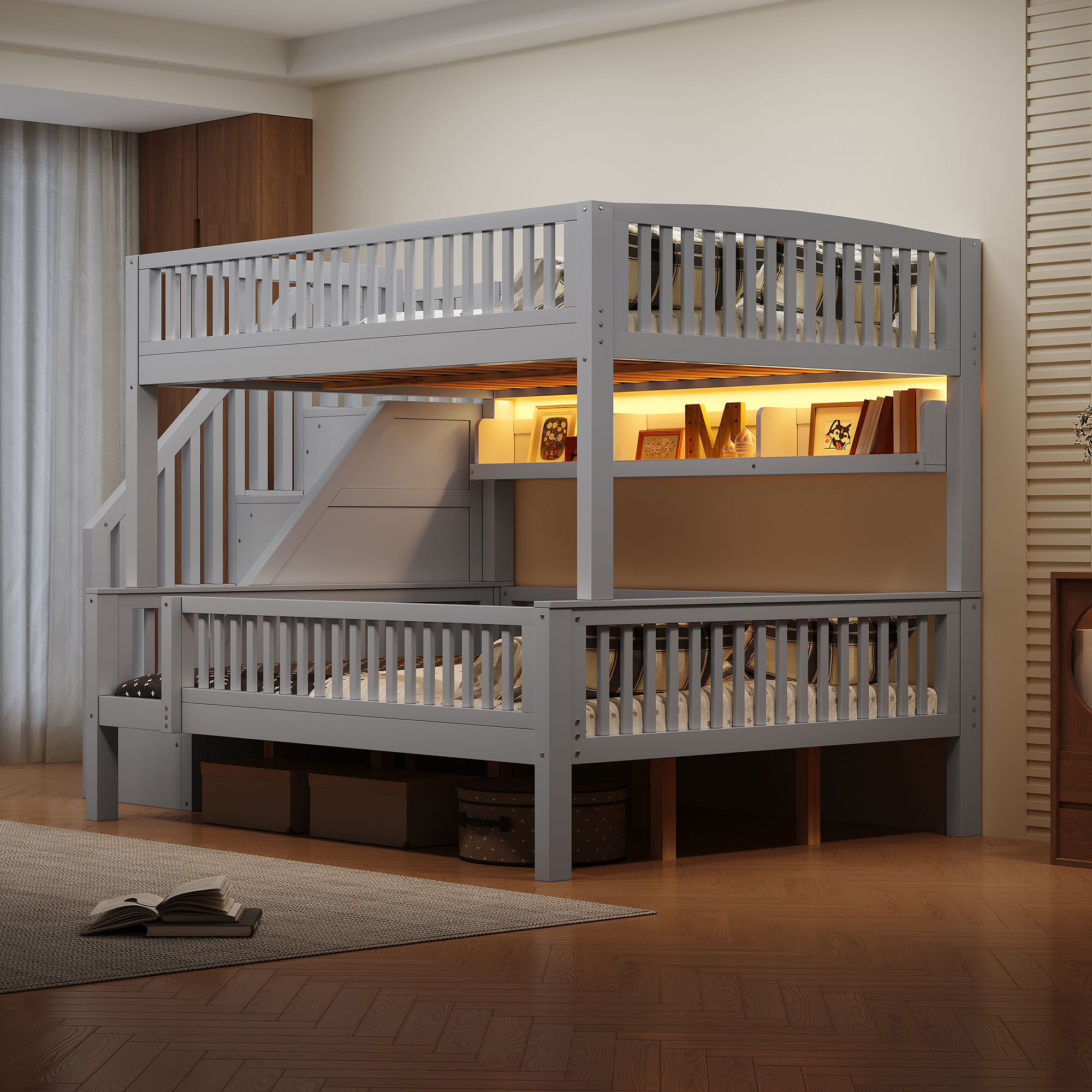 Euroco Wood Full XL over Queen Size Bunk Bed with Storage Staircase, LED Light Shelves and Guardrails, Grey