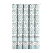 Teal Aqua Blue Gray White Fabric Shower Curtain For Bathroom: Floral Damask with Geometric Border Design