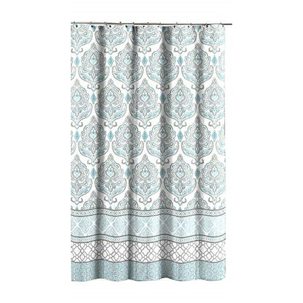 Teal Aqua Blue Gray White Fabric Shower, Grey And White Shower Curtain