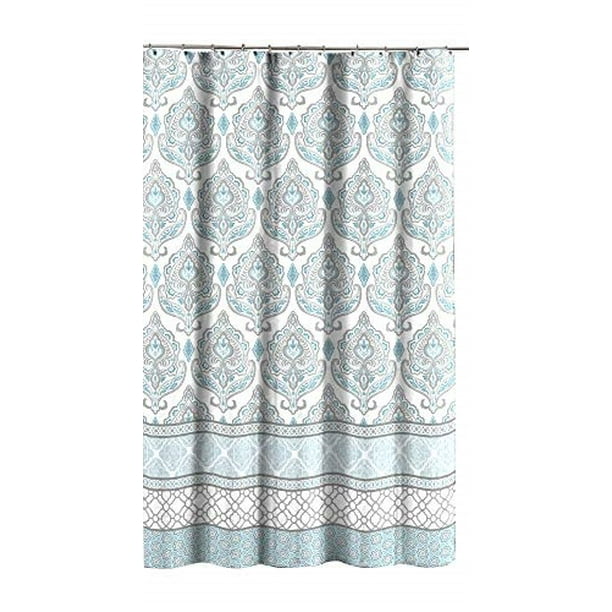 Teal Aqua Blue Gray White Fabric Shower Curtain For Bathroom Fl Damask With Geometric Border Design Com Teal Aqua Blue Gray White Fabric Shower, Aqua Blue Shower Curtain