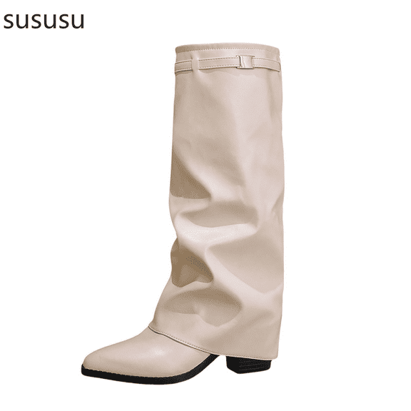 Women's Mid Calf Boots Fashion Pointed Toe Knee High Boots With Buckle Strap Comfortable Leather Booties For Fall Winter Casual Outfit