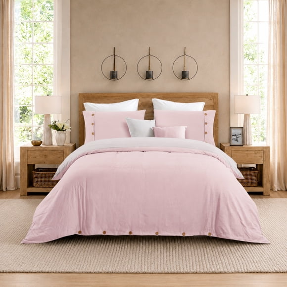 Swift Home Reversible Ultra Soft Solid Duvet Cover Set with Decorative Button Closure, Queen, Pink