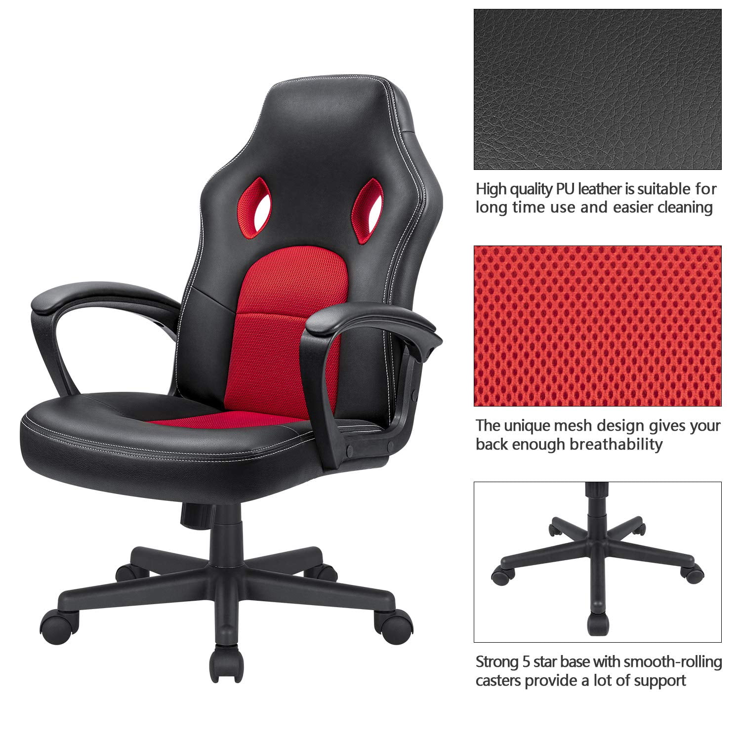 Lacoo Faux Leather Computer Gaming Chair Office Desk Chair with Lumbar Support, Red