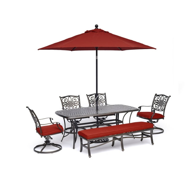 Hanover Traditions 6 Piece Dining Set In Red With 4 Swivel Rockers 1 Bench A 38 X 72 Cast Top Table 9 Ft Umbrella And Stand Walmart Com Walmart Com