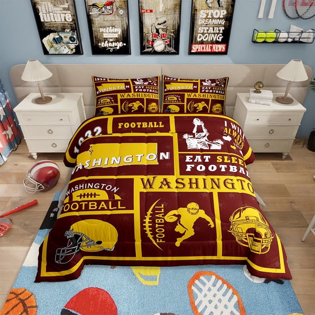 Erosebridal Ensemble de Literie Football pour Enfants Garçons Filles, Ensemble de Literie Rugby pour Fan de Football Simple, Couette Football City, Ensemble de Lit Réversible avec 1 Taie d'Oreiller pour Chambre (Washington)