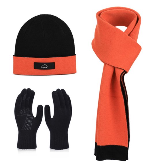 Fsgntruao Winter Hat Scarf Gloves Set for Men Knit Thermal Fleece Lined Beanie, Warm Long Scarves, Touchscreen Gloves for Cold Weather Orange,Free Size