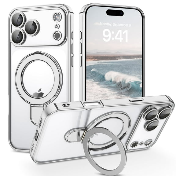 YINLAI iPhone 17 Pro Case with Stand 6.3",Silvery Plating Edge iPhone 17 Pro Case Compatible with Mag-safe,Slim Shockproof Protective Kickstand Clear Case for iPhone 17 Pro, Silvery