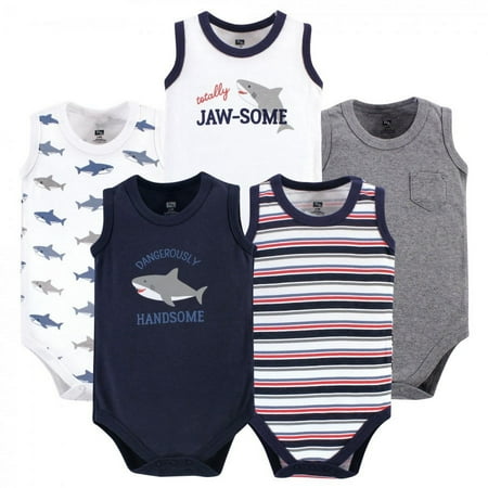 UPC: 0660168532951 | Hudson Baby Infant Boy Cotton Sleeveless Bodysuits 5pk  Shark  0-3 Months