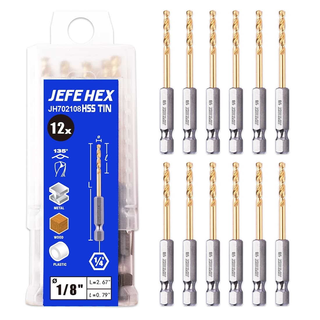 JEFE HEX 1/8" Hex Shank Drill Bits 12 PCS HSS Titanium Drill Bits