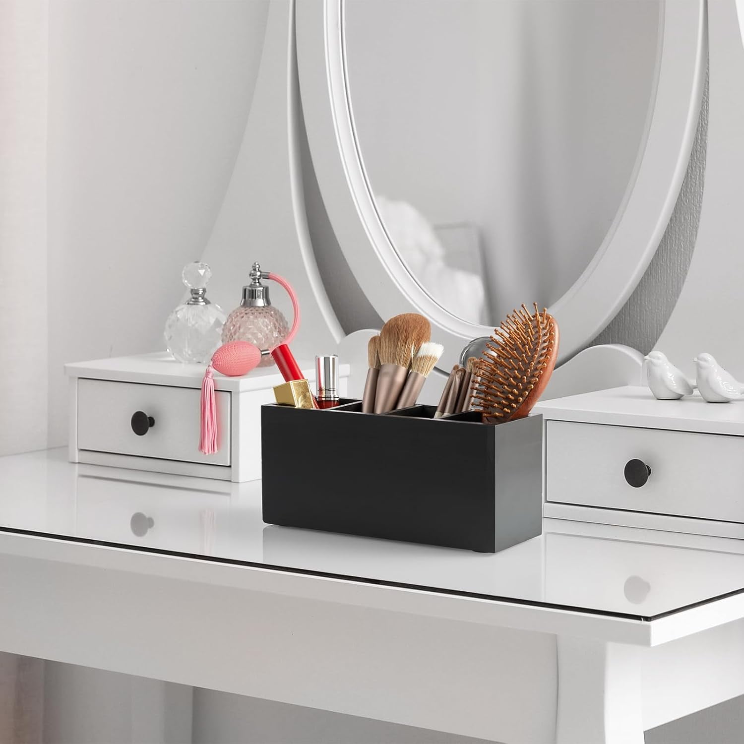Pencil Pen Holder for Desk, Wooden Office Desk Organizers and Accessories with 4 Slots for Countertop, Makeup Brush Holder Organizer for Bathroom Vanity, Silverware Caddy for Party, Black