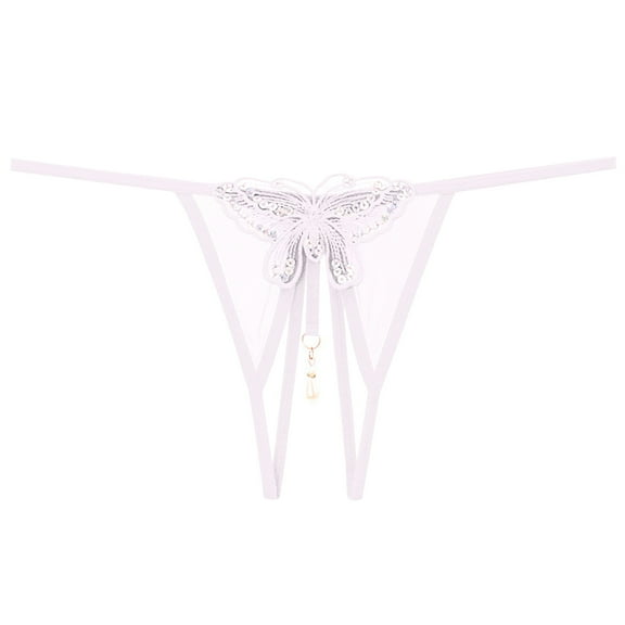 Panties for Women,Embroidered Hollow Low Waist Underwear Open Cut Thong with Pearl Massage Detail,Womens Underwear,White,One Size