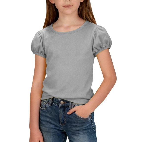 Mercatoo Girls' Puff Short Sleeve Shirts Kids Round Neck Basic Tuni𝐜 Tops Summer Casual Solid Blouses Cotton Fashion Trendy Blouses