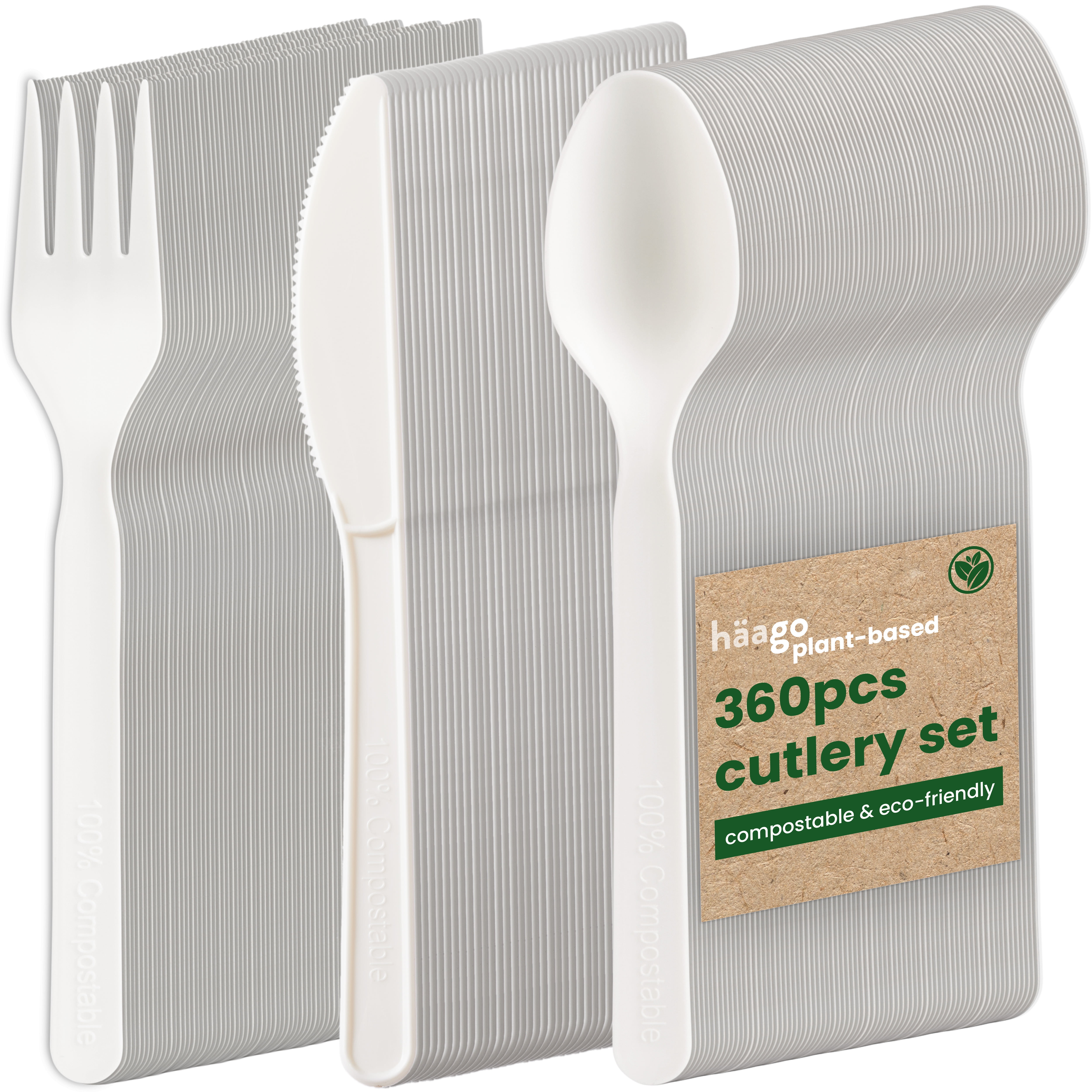 360 Packs Compostable Utensils Compostable 120 Forks 120 Spoons 120 Knives Large Disposable Silverware Heavy Duty Eco Friendly Flatware