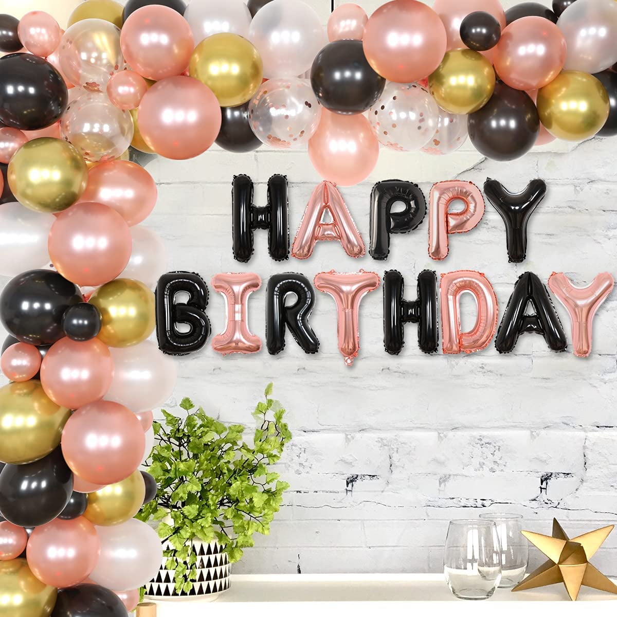 Black and Rose Gold Birthday Decorations - Rose Gold Black Balloon Garland  Kit Happy Birthday Backdrop for Women Girls Sweet 16th/18th/30th/40th/50th