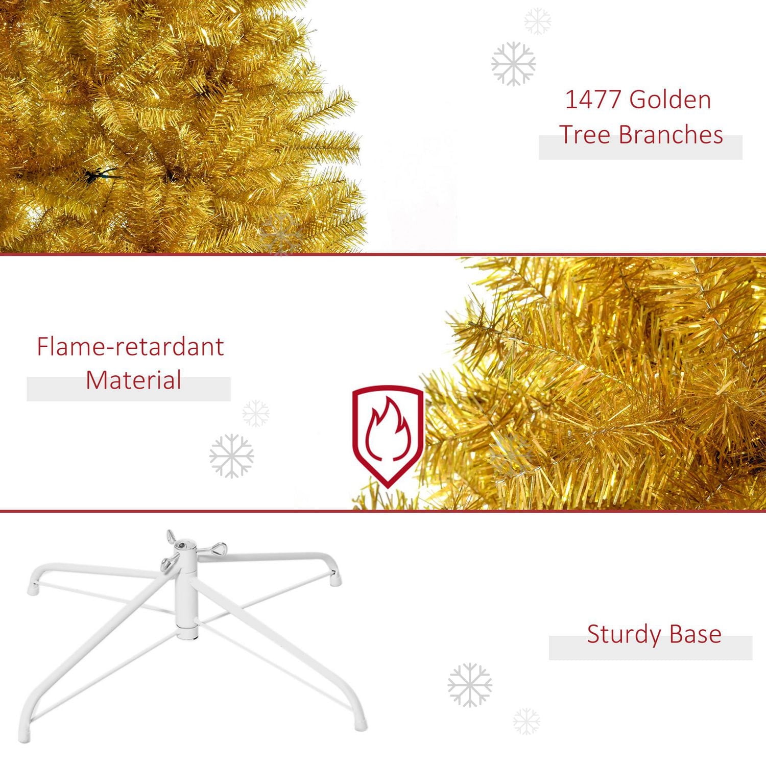 Homcom Arbre de Noël artificiel de 2,1 m Arbre de Noël doré pour décorations de fête de carnaval de vacances avec embouts de branche pour une utilisation en intérieur