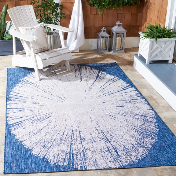 SAFAVIEH Courtyard Jaymz Radiant Indoor/Outdoor Area Rug, Beige/Navy, 6'7" x 6'7" Square