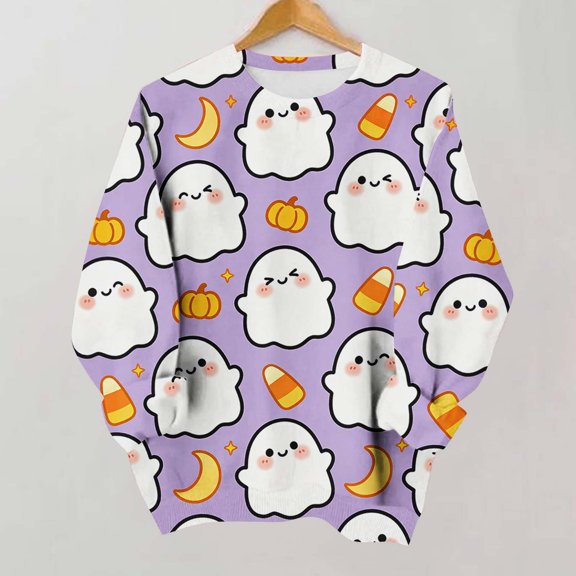 Meichang Womens Halloween Sweatshirts Fall Ghost Graphic Sweatshirt Crew Neck Casual Long Sleeve Pullover Holiday Family Matching Tops