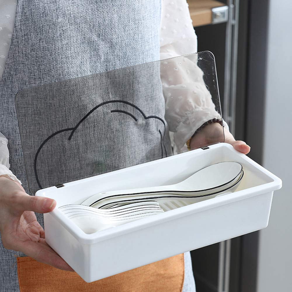 White Flatware Tray Kitchen Drawer Organizer With Lid And Drainer - Plastic Kitchen Cutlery Tray and Utensil Storage Container with Cover - 11.0 Inch Silverware Holder Drawer Organizer.