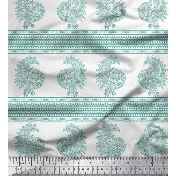 Soimoi Moss Georgette Fabric Peacock Block Printed Fabric 1 Yard 42 Inch Wide