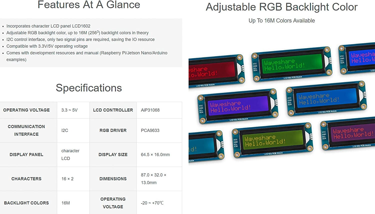 for Arduino /Pi Pico Jetson Nano, LCD1602 RGB Module 16x2 Characters up to 16 Million Colors Adjustable RGB Backlight Color I2C Interface 3.3V/5V