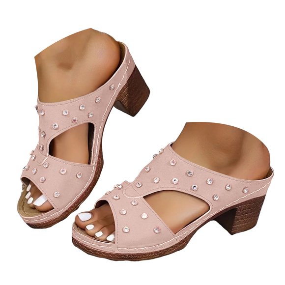 Dakaela Orthopedic Heeled Sandals for Women Rhinestone Walking Dress Shoes Slip on Slides Pink 7.5