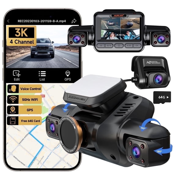 HUPEJOS 4K Dash Cam for Cars, 360° GPS Dashcam Front and Rear Inside, 4-Channel Car Camera 64GB SD Card Included, Voice Control, 5GHz WiFi, APP Supported, Night Vision, CPL Filter,24H Parking Mode