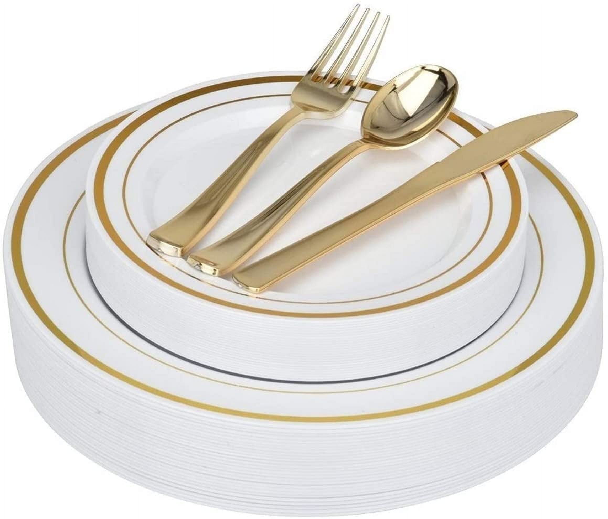 125-Piece White and Gold Fancy Plastic Plates Disposable with Silverware, Elegant Dinnerware for Weddings, Holiday Party China, Set of 25 Dinner + Salad Plates, 25 Spoons, 25 Forks, 25 Knives