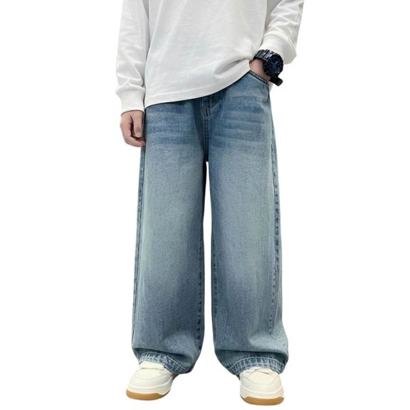 CONZONE Boys Baggy Jeans Wide Leg Casual Jeans for Child Y2K Elastic Waist Fall Streetwear Denim Pants with Pockets