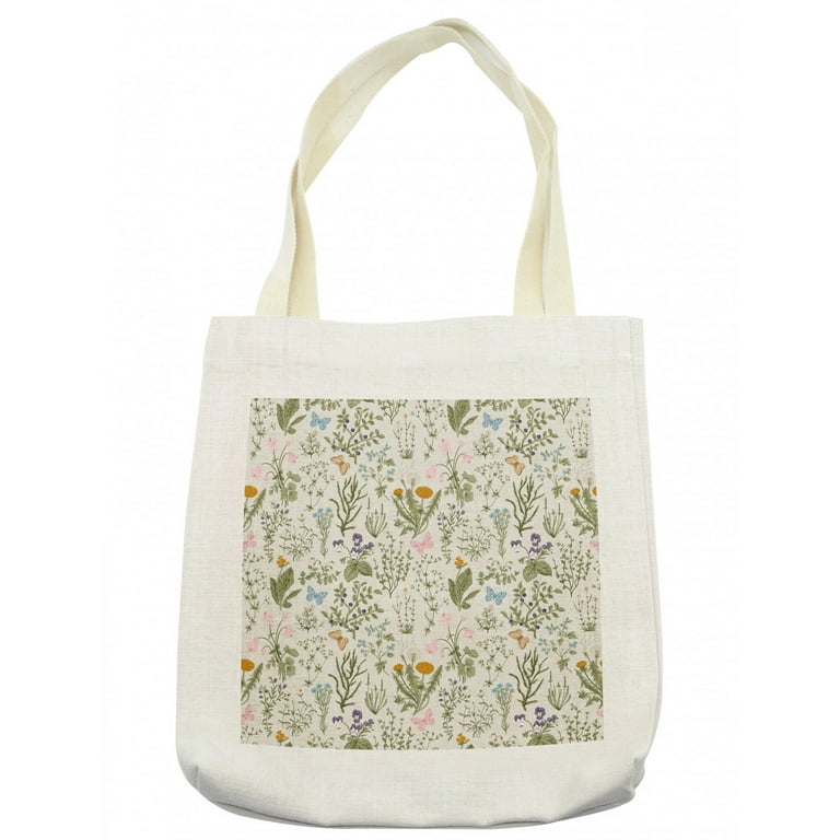 Floral Tote Bag Vintage Garden Plants Herbs Flowers Botanical Classic Design Cloth Linen Reusable Bag for Shopping Books Beach and More 16.5