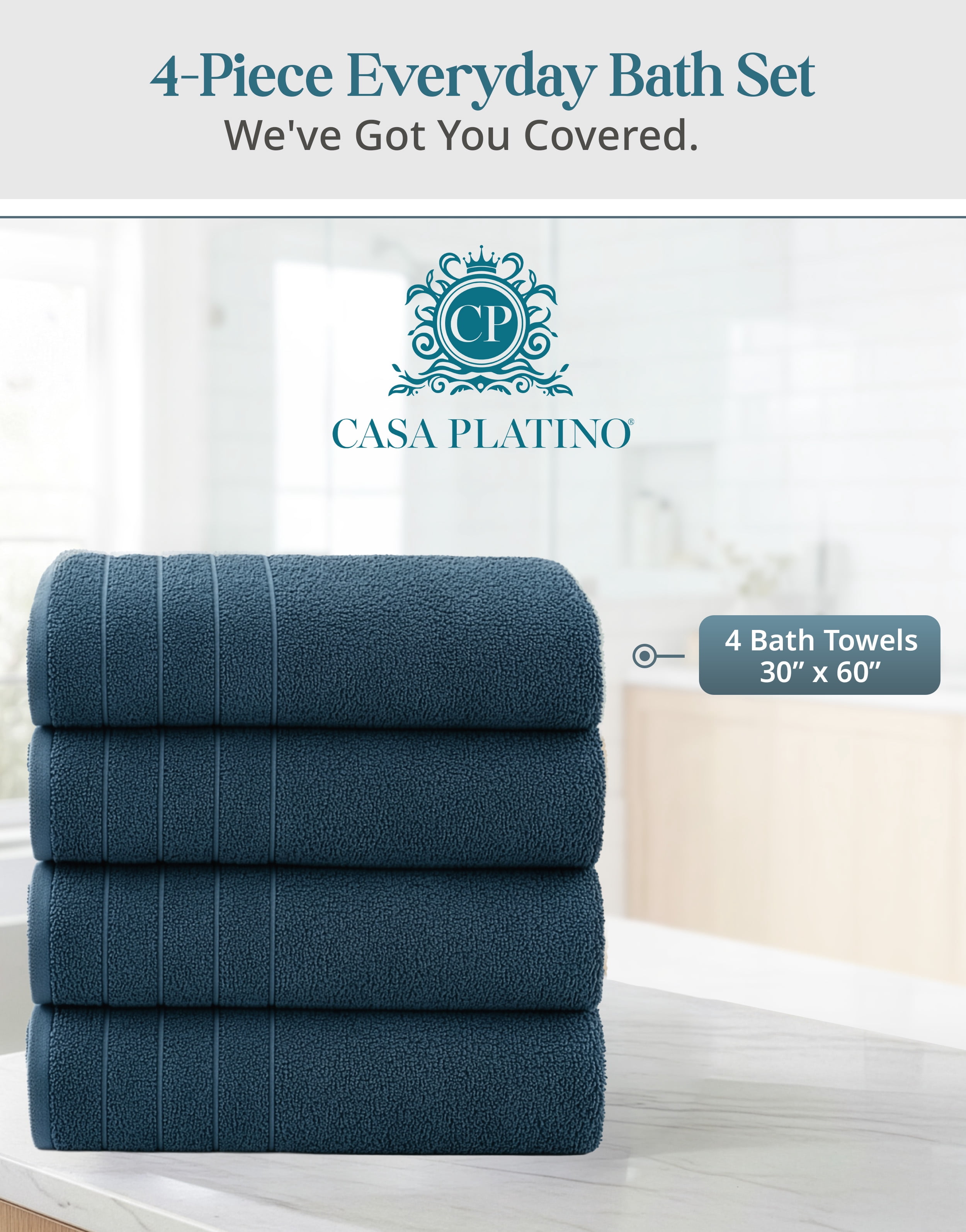 Casa Platino 4-Pack Large Bath Towels for Bathroom – Soft, Highly Absorbent & Quick-Dry, Ring Spun Cotton Towels for Home & Spa - Steel Blue