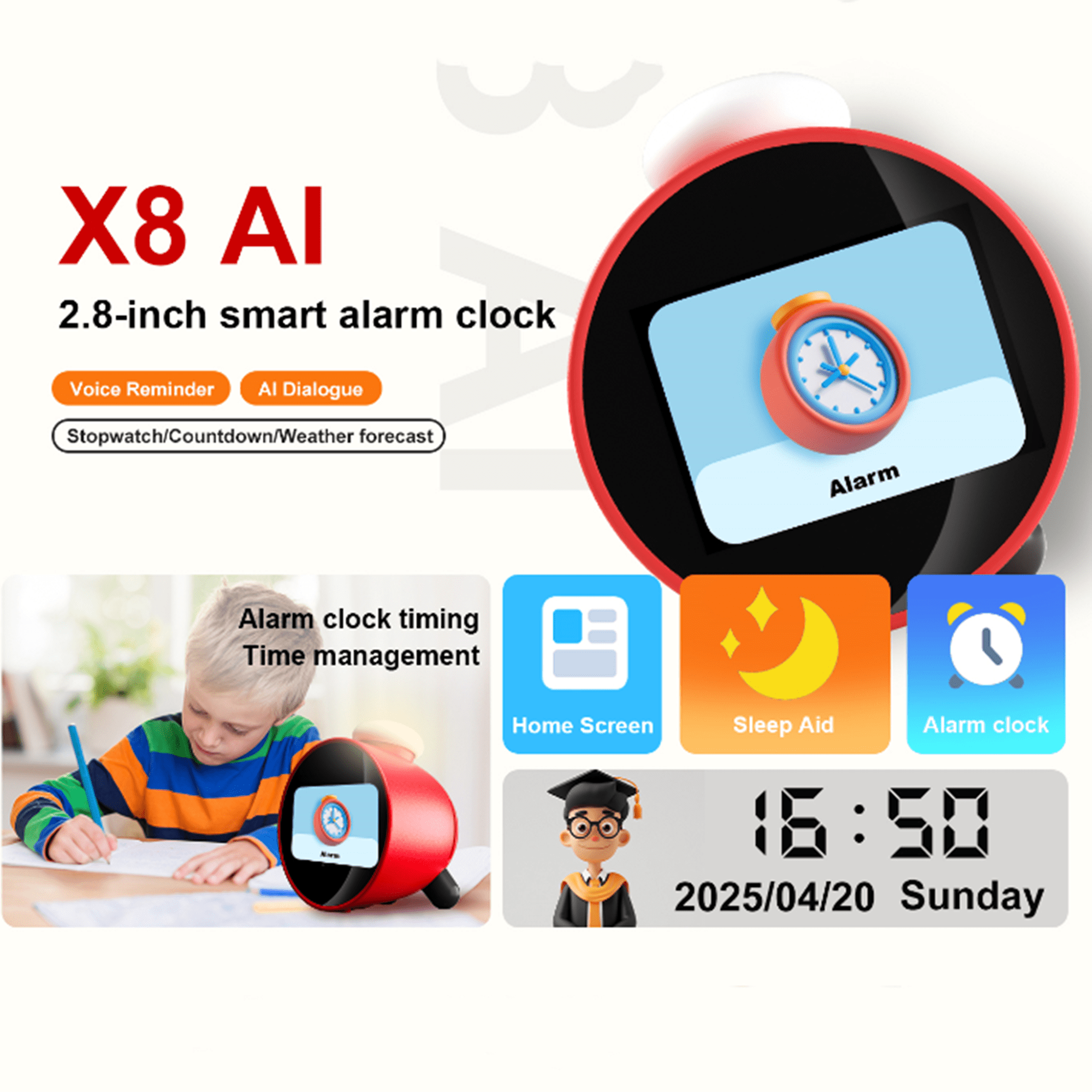 E EYAFA AI Smart Alarm Clock for Kids PK Nintendo Sound Clock Alarmo-Red