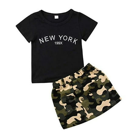 Baby Girl Cotton Letter Print Short Sleeve T Shirt and Camouflage Skirt Set Infant Baby Clothes