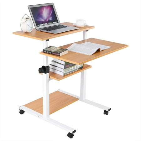 Ergonomic Mobile Adjustable Height Stand Up Desk Computer Desk Rolling Presentation Laptop Cart(Wood