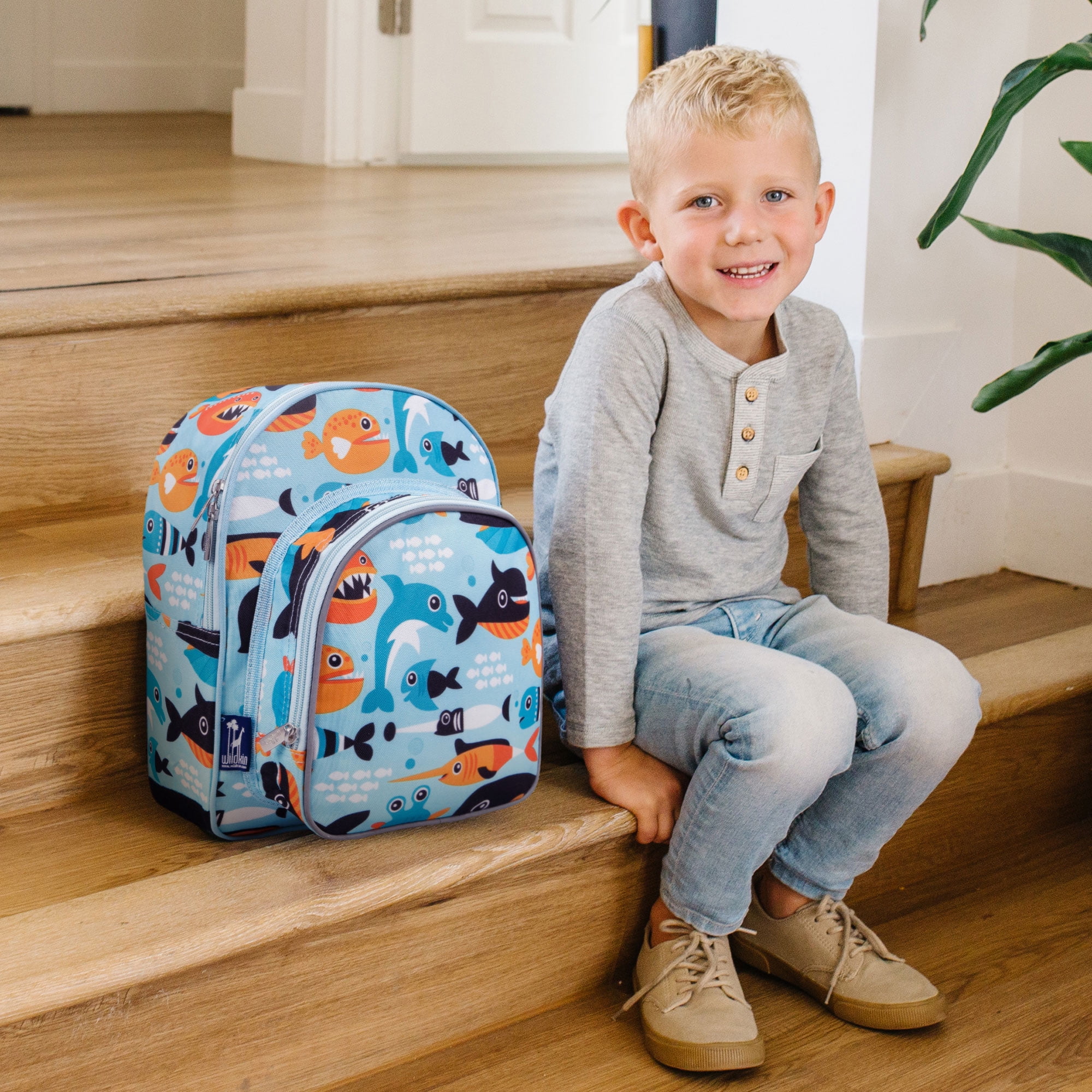 Wildkin Kids 12 Inch Backpack for Toddler Boys and Girls, Insulated Front Pocket (Big Fish Blue)