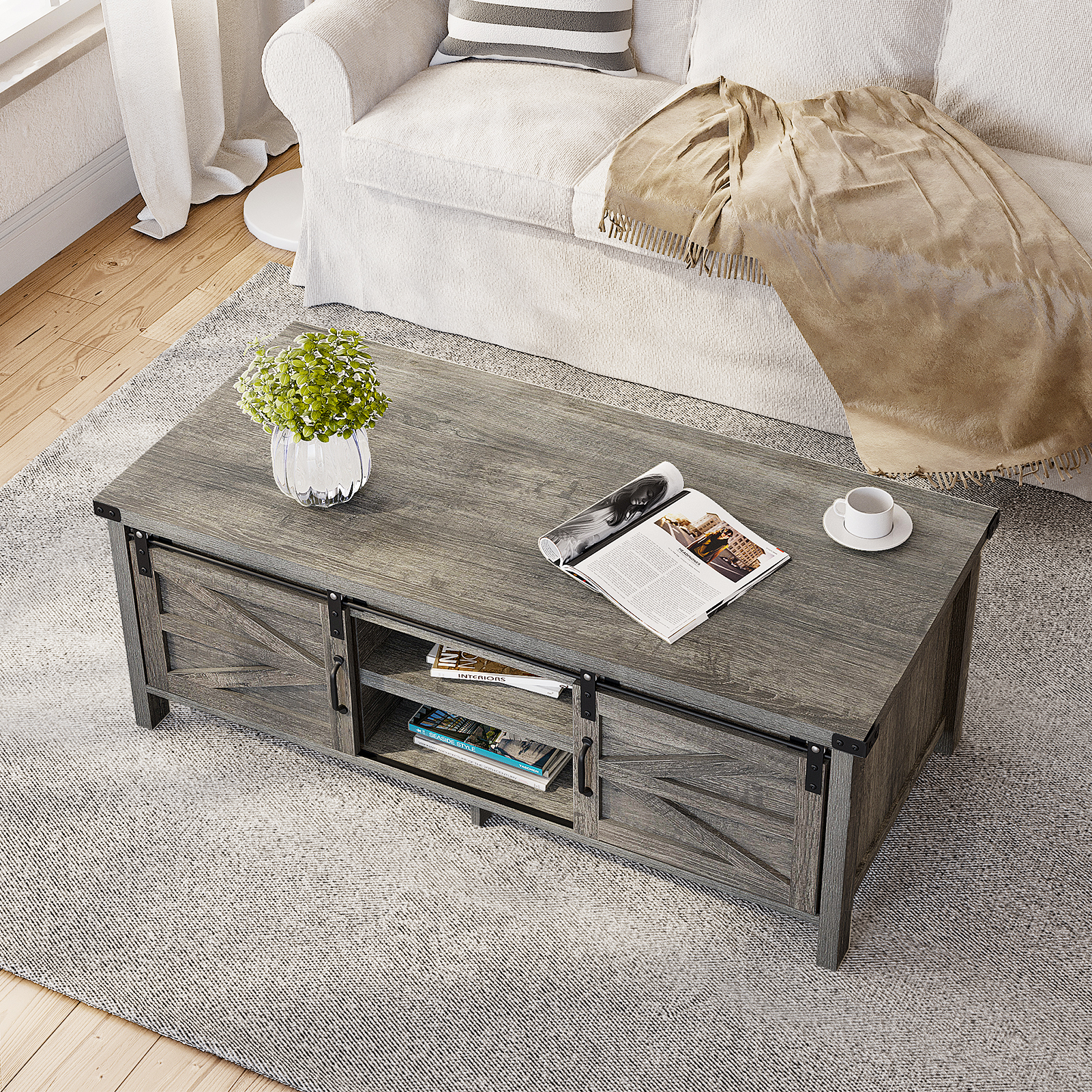 Yaoping 48" Modern Farmhouse Coffee Table with Adjustable Storage Cabinets Shelves, Modern Coffee Table for Living Room with Sliding Barn Door