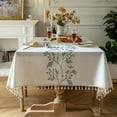 thumbnail image 1 of Xiao Hua Mantel rústico para mesa de comedor, mantel de cocina de estilo rústico, mantel rectangular pequeño de algodón y lino para 6 a 8 personas, beige, hojas verdes, 55 x 86 pulgadas, 1 of 5