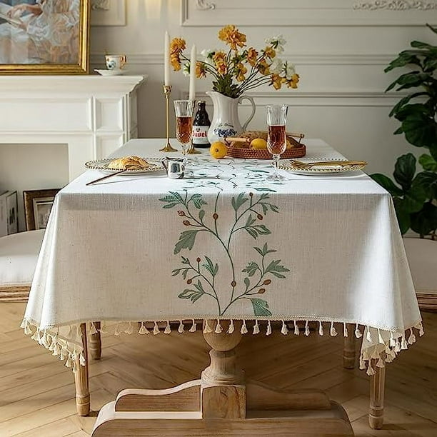 Nvzi Mantel para mesa de comedor, mantel rústico, manteles rectangulares pequeños de tela de lino y algodón para 8 a 10 personas, color beige, hojas verdes, 55 x 102 pulgadas