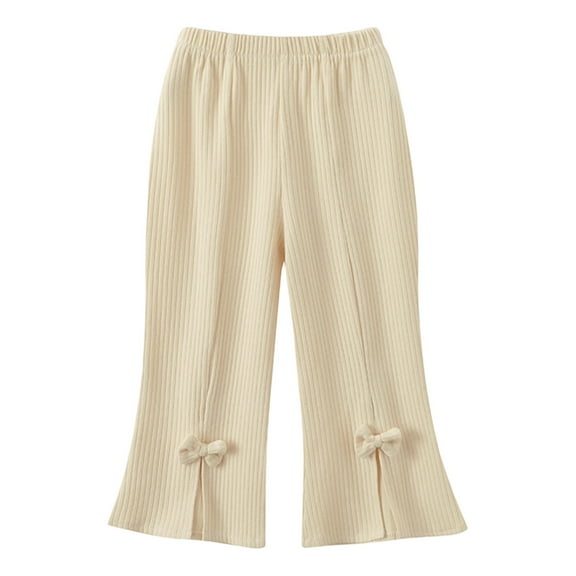 DHFJKG Girls Ribbed Knit Flare Pants With Bow Detail Solid Color Stretchy Trousers For Spring Fall Winter Elastic Waist Cozy Pants