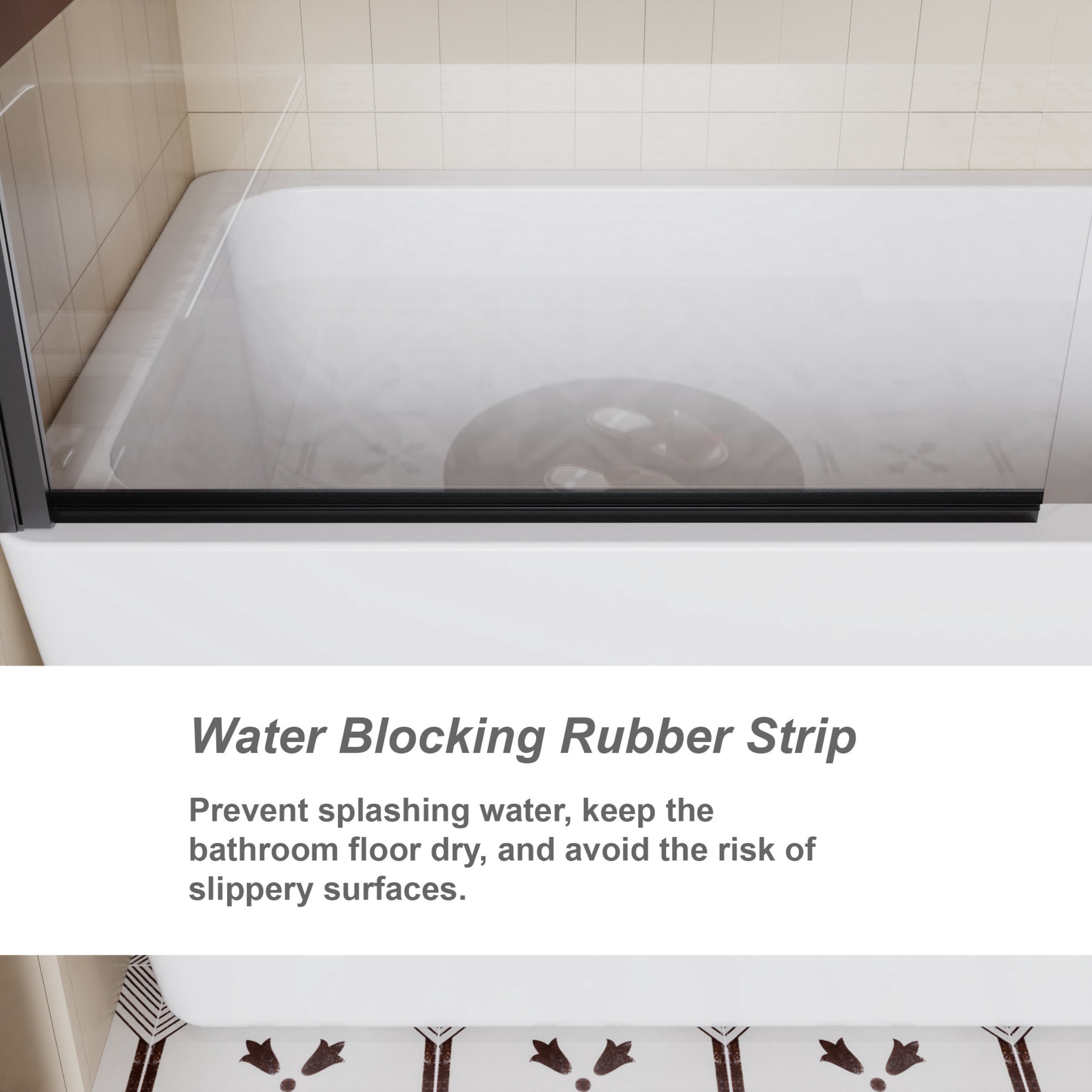 Noble House 32" x 55" Bathtub Shower Door, Bohemian Pattern Tempered Glass with Stainless Steel Handle, Matt Black
