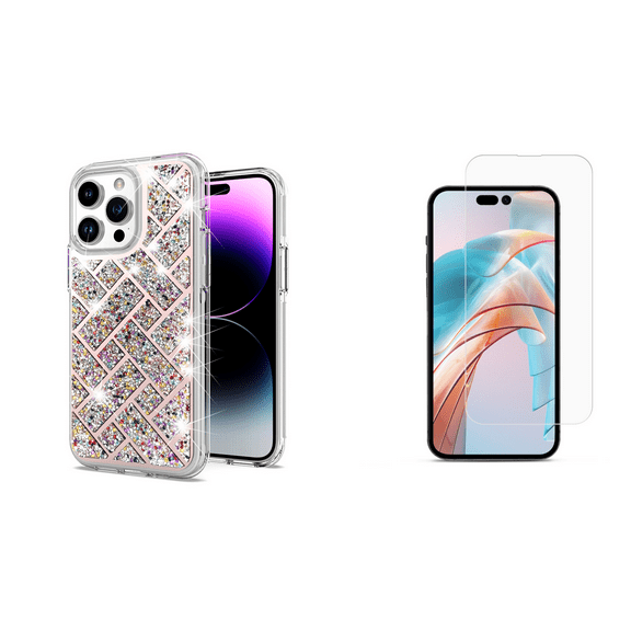 Bemz Bling Case for iPhone 15 Pro, Diamond Glitter Sparkle Dual Layer Hybrid Protector Cute Women Girls Cover with Tempered Glass Screen Protector (Colorful Pink)