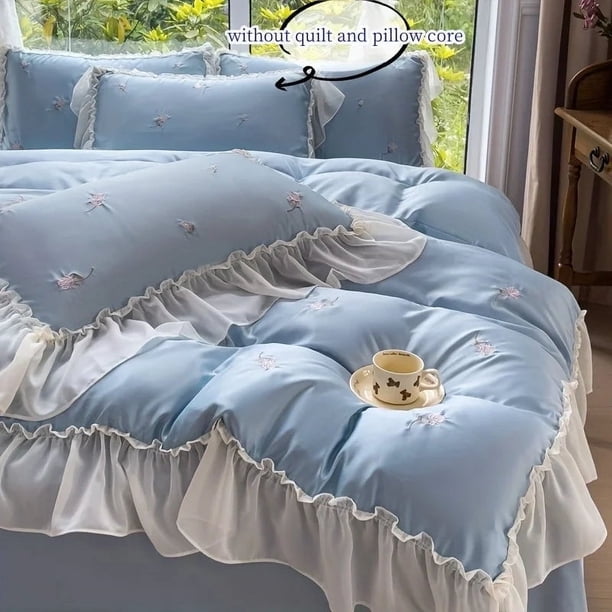 3Pcs Elegante Rosa Bordado Ropa de Cama Conjunto de Encaje Funda Nórdica Set (1 * Funda Nórdica +