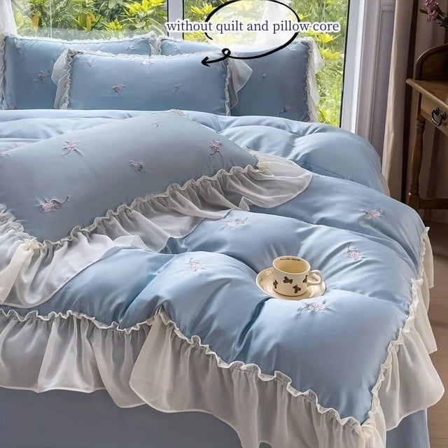 3Pcs Elegante Rosa Bordado Ropa de Cama Conjunto de Encaje Funda Nórdica Set (1 * Funda Nórdica +