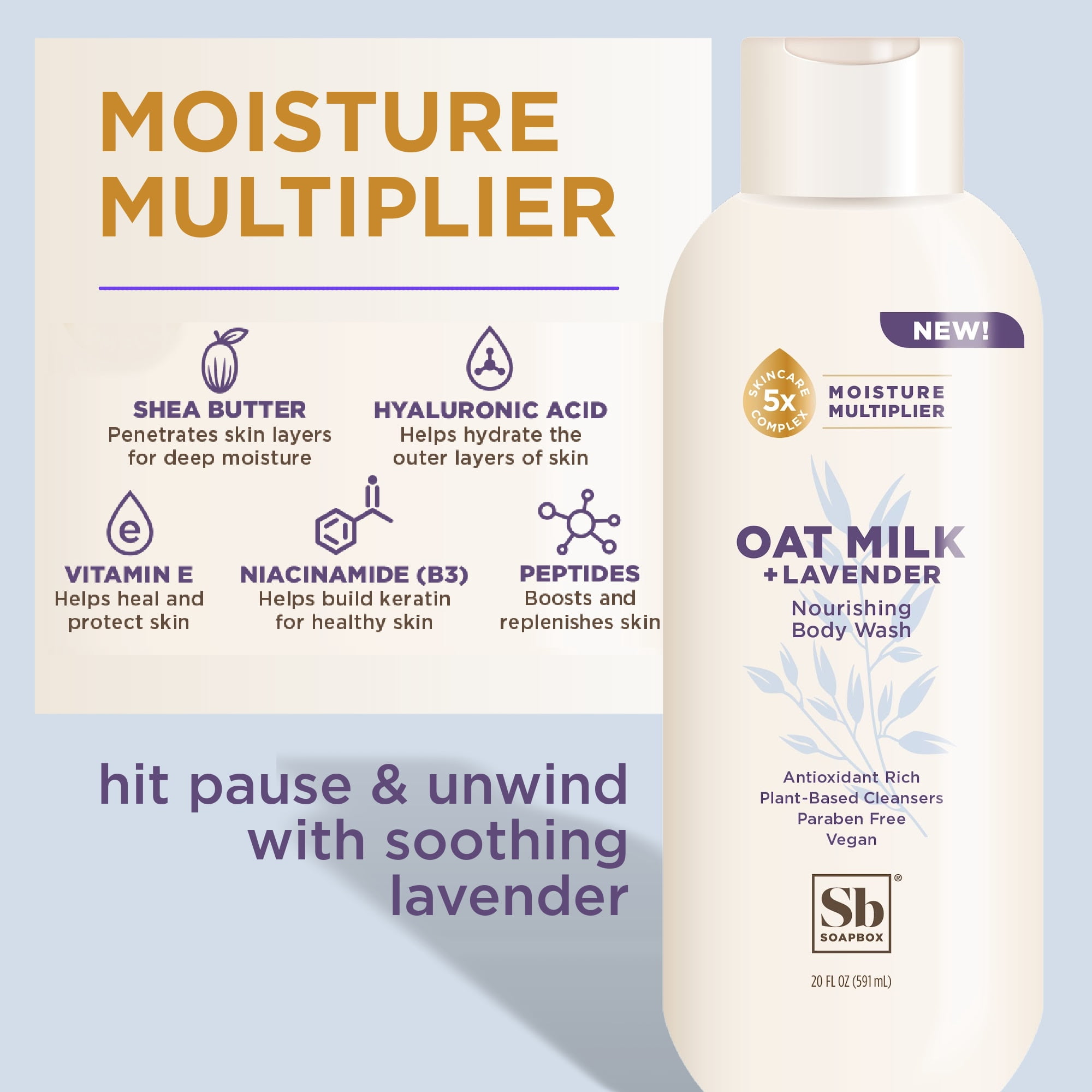 (3 pack) Soapbox Moisture Multiplying Body Wash for Women & Men, All Skin Types, Oat Milk and Lavender, 20 oz